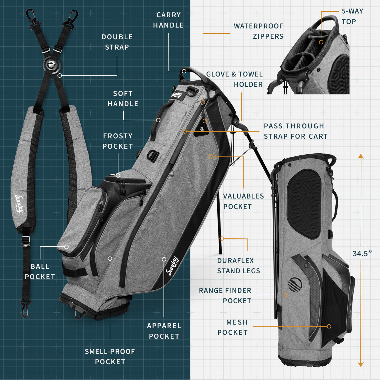 Sunday Golf Ryder Stand Bag (Heather Grey)